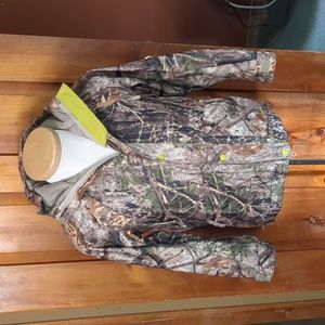 CABELA'S* dry fit camo jacket lined 6pckt zip/snap front dbl placket visor hood